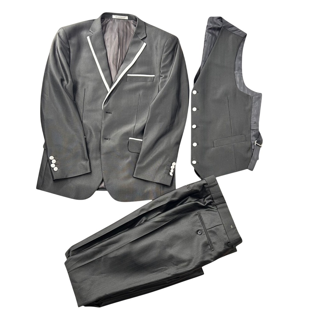 Braveman Mens 3 Piece Suit Set Charcoal Grey White Piping Blazer Vest Pants